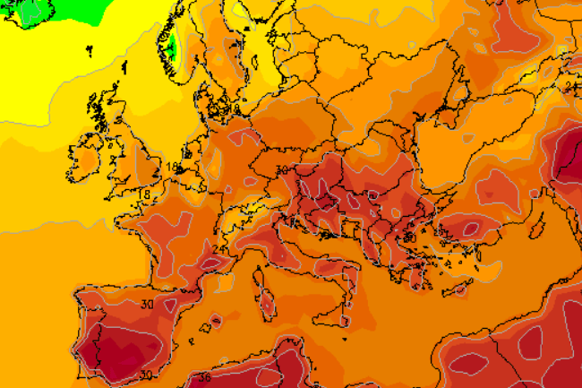 Das Wettermodell GFS zeigt die Vorhersage für Donnerstag (24. Juni), 14 Uhr: In Deutschland sind demnach fast flächendeckend um 30 Grad möglich.