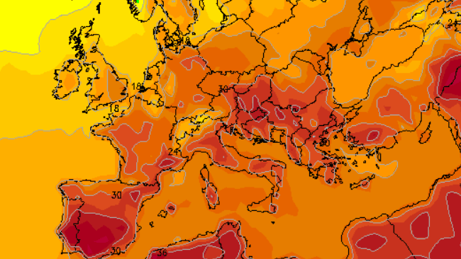 Das Wettermodell GFS zeigt die Vorhersage für Donnerstag (24. Juni), 14 Uhr: In Deutschland sind demnach fast flächendeckend um 30 Grad möglich.