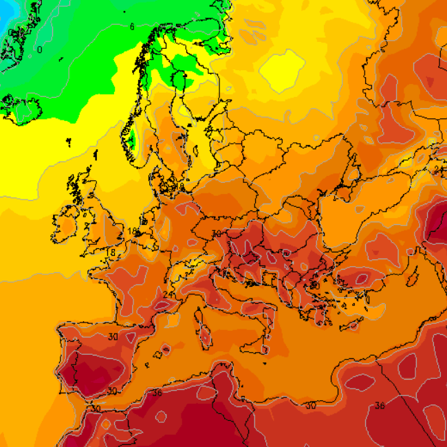 Das Wettermodell GFS zeigt die Vorhersage für Donnerstag (24. Juni), 14 Uhr: In Deutschland sind demnach fast flächendeckend um 30 Grad möglich.