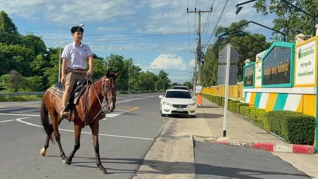 Der thailändische Schüler Theeraphat Ransaworanan reitet auf seinem Pferd zur Schule.