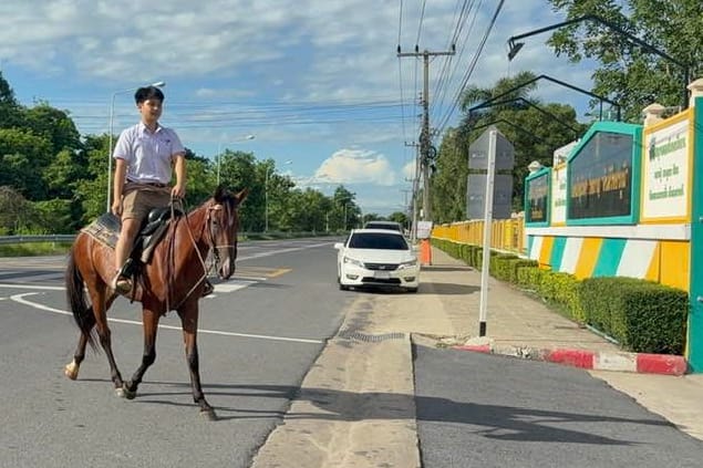 Der thailändische Schüler Theeraphat Ransaworanan reitet auf seinem Pferd zur Schule.