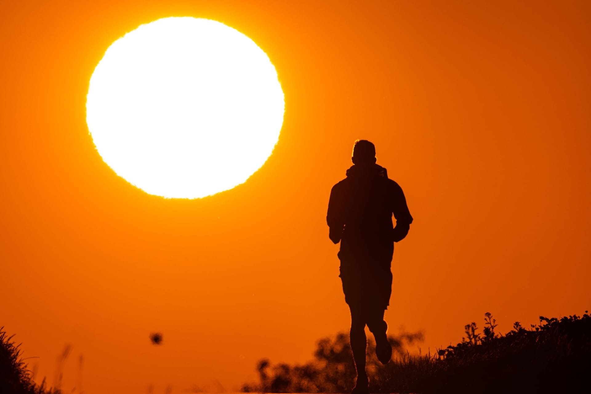 Ein Jogger läuft bei Sonnenaufgang auf einem Feldweg bei Frankfurt am Main (Symbolfoto): In den kommenden Tagen wird es in der Hessen-Metropole noch einmal richtig heiß.