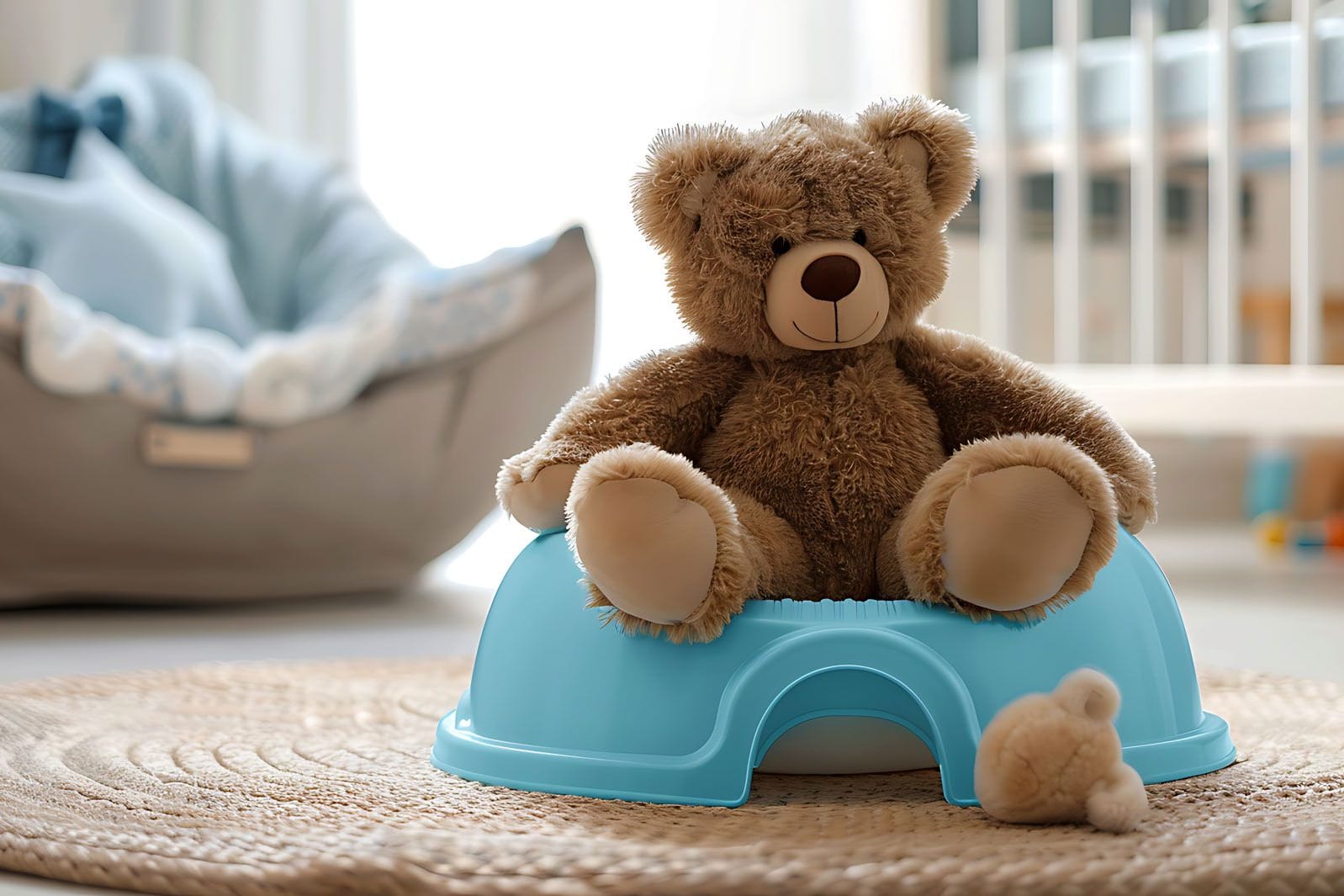 Cute teddy bear on light blue baby potty on floor in room