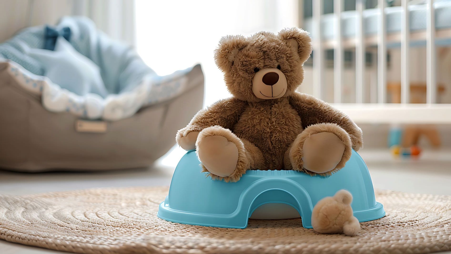 Cute teddy bear on light blue baby potty on floor in room