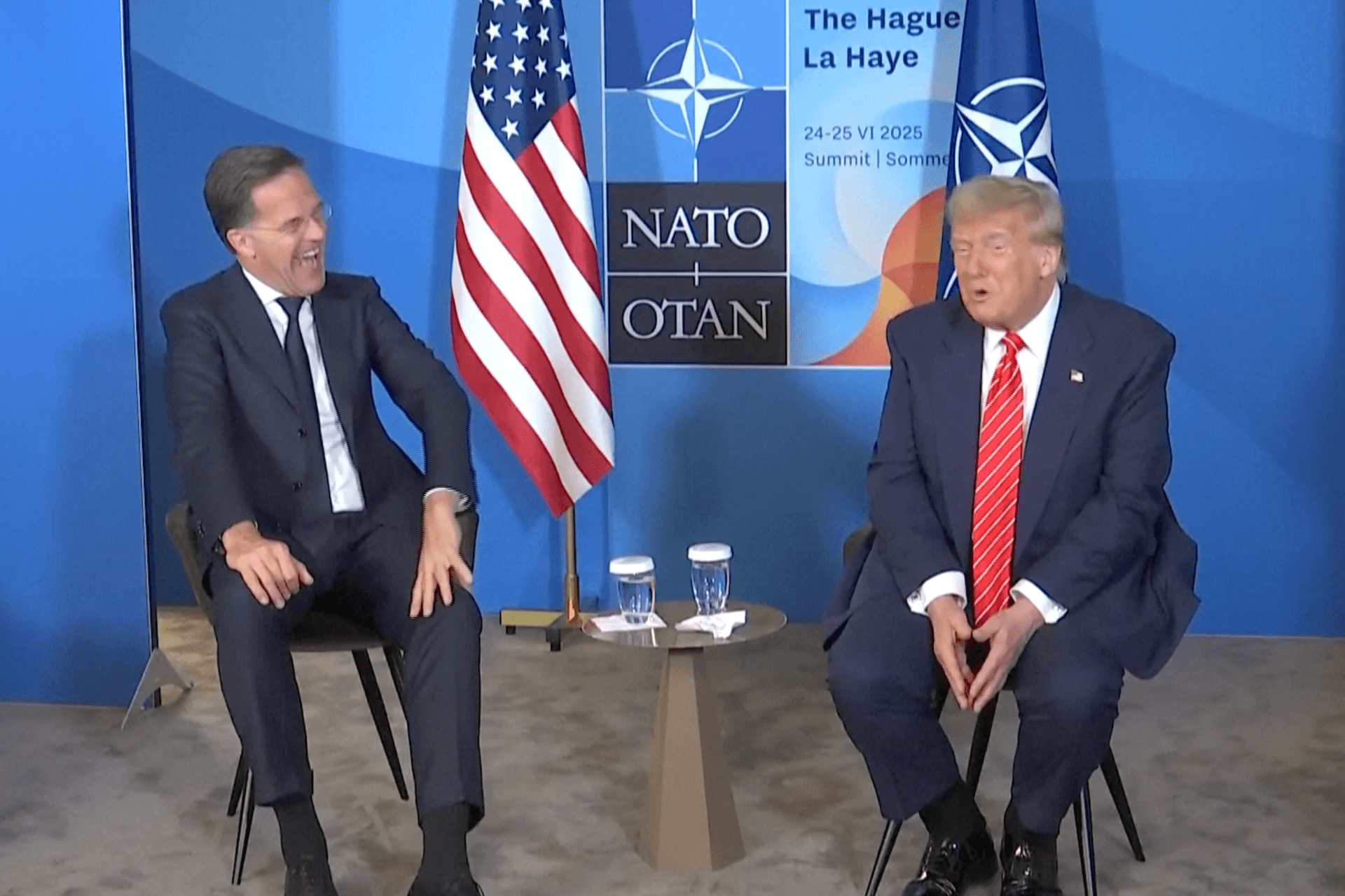 Rutte und Trump machen Scherze beim Nato-Gipfel. Rutte und Trump machen Scherze beim Nato-Gipfel.