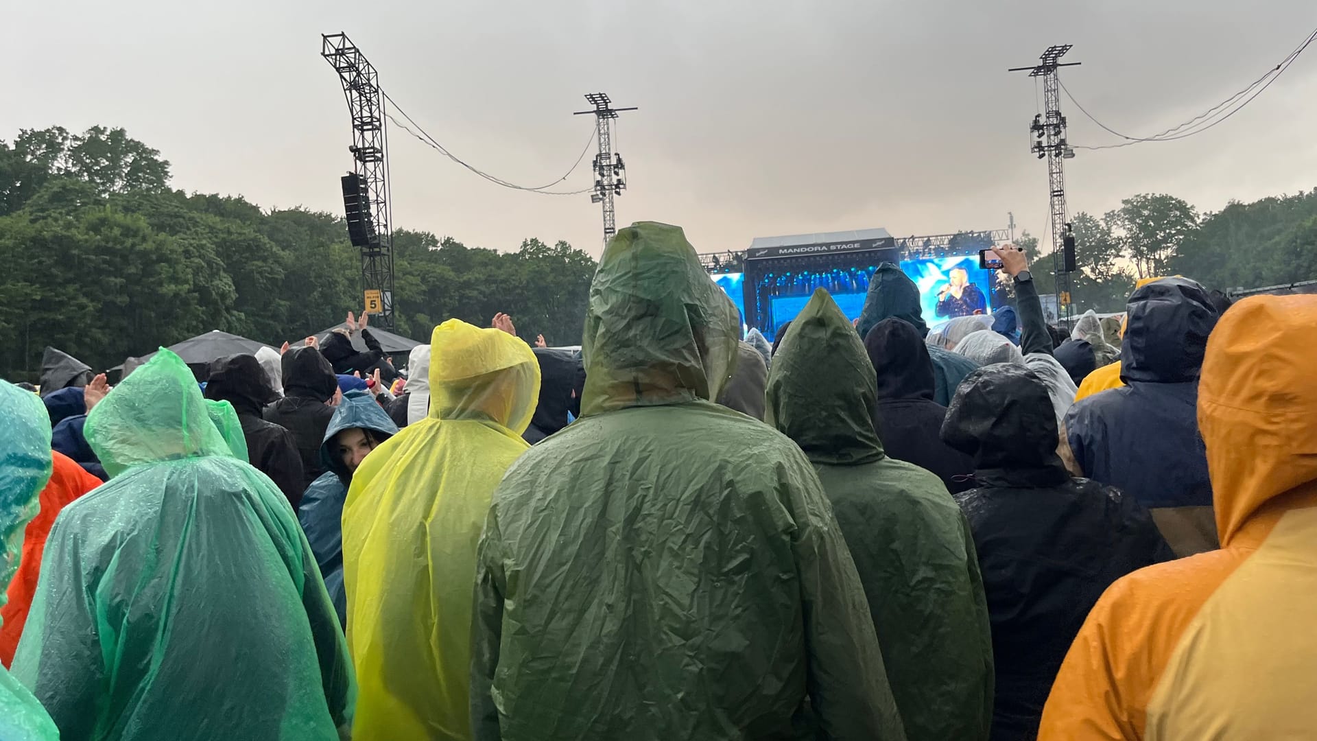 Während des Auftritts von Feine Sahne Fischfilet beginnt es zu schütten: Die Fans tanzen in Regenponchos weiter.