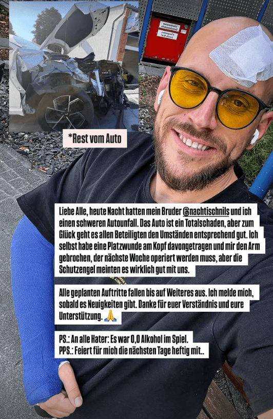 Mit diesem Bild informierte Rumbombe seine Fans über seinen Autounfall.