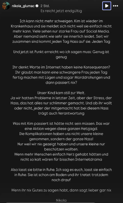 Nicola Glumac teilte diese Nachricht in einer Instagram-Story.