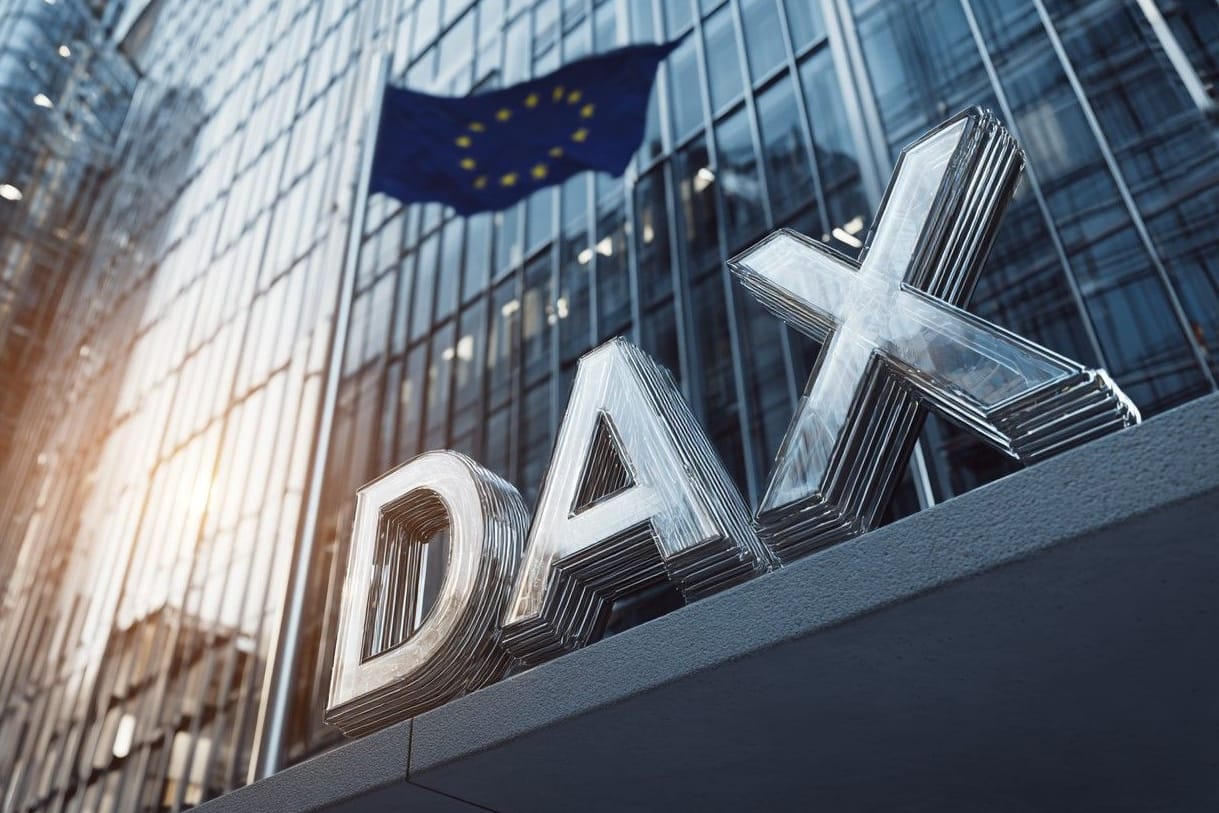 Deutscher Leitindex DAX und EU-Flagge im Hintergrund