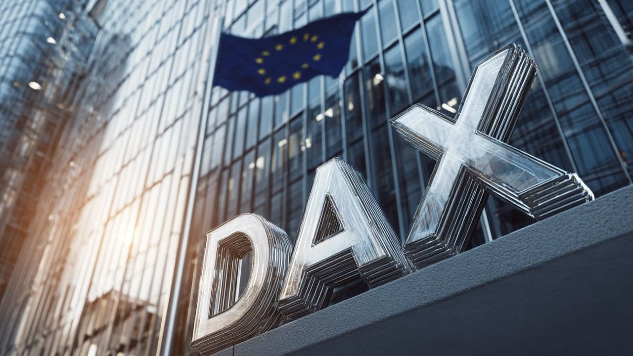Deutscher Leitindex DAX und EU-Flagge im Hintergrund Deutscher Leitindex DAX und EU-Flagge im Hintergrund
