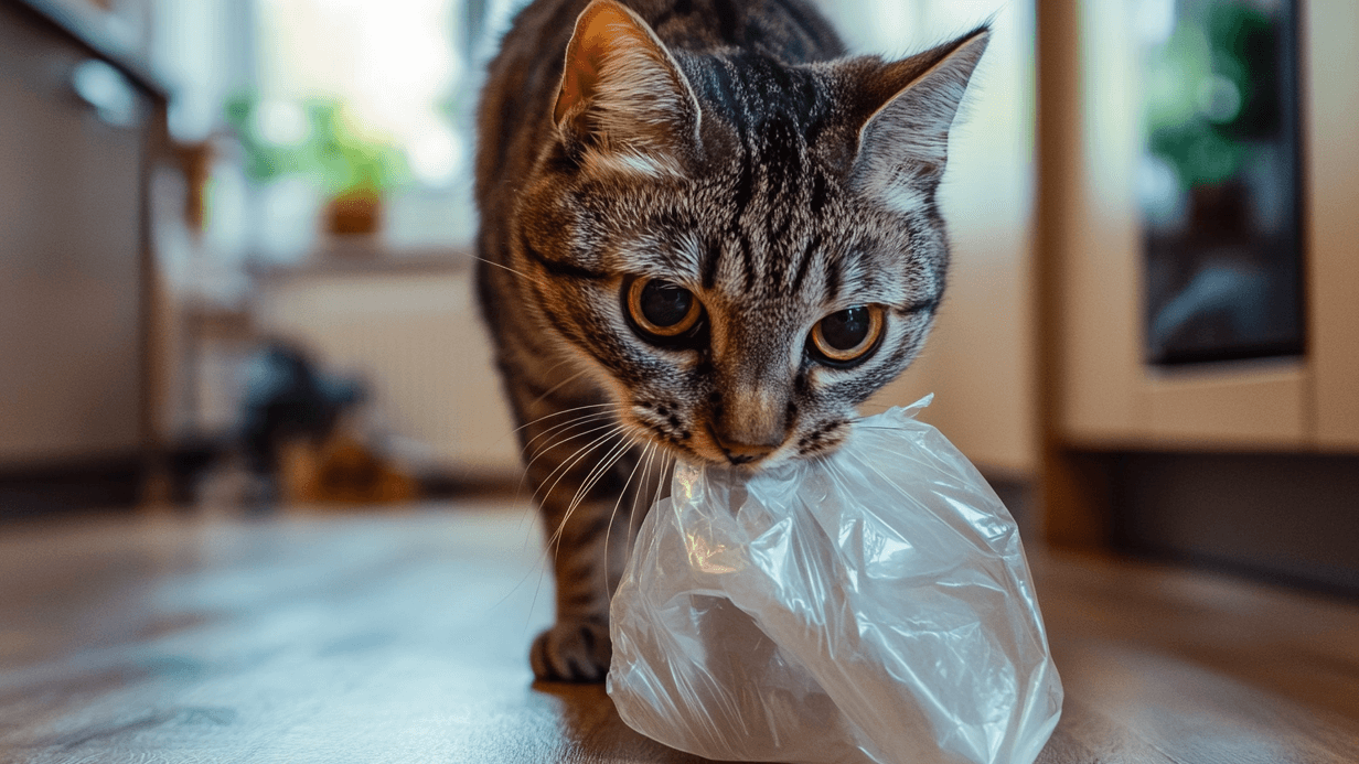 Eine Katze knabbert an Plastik: Manchmal ist es nur Langeweile, die die Sampfoten dazu bewegt.