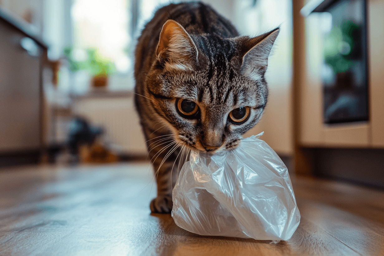Eine Katze knabbert an Plastik: Manchmal ist es nur Langeweile, die die Sampfoten dazu bewegt.
