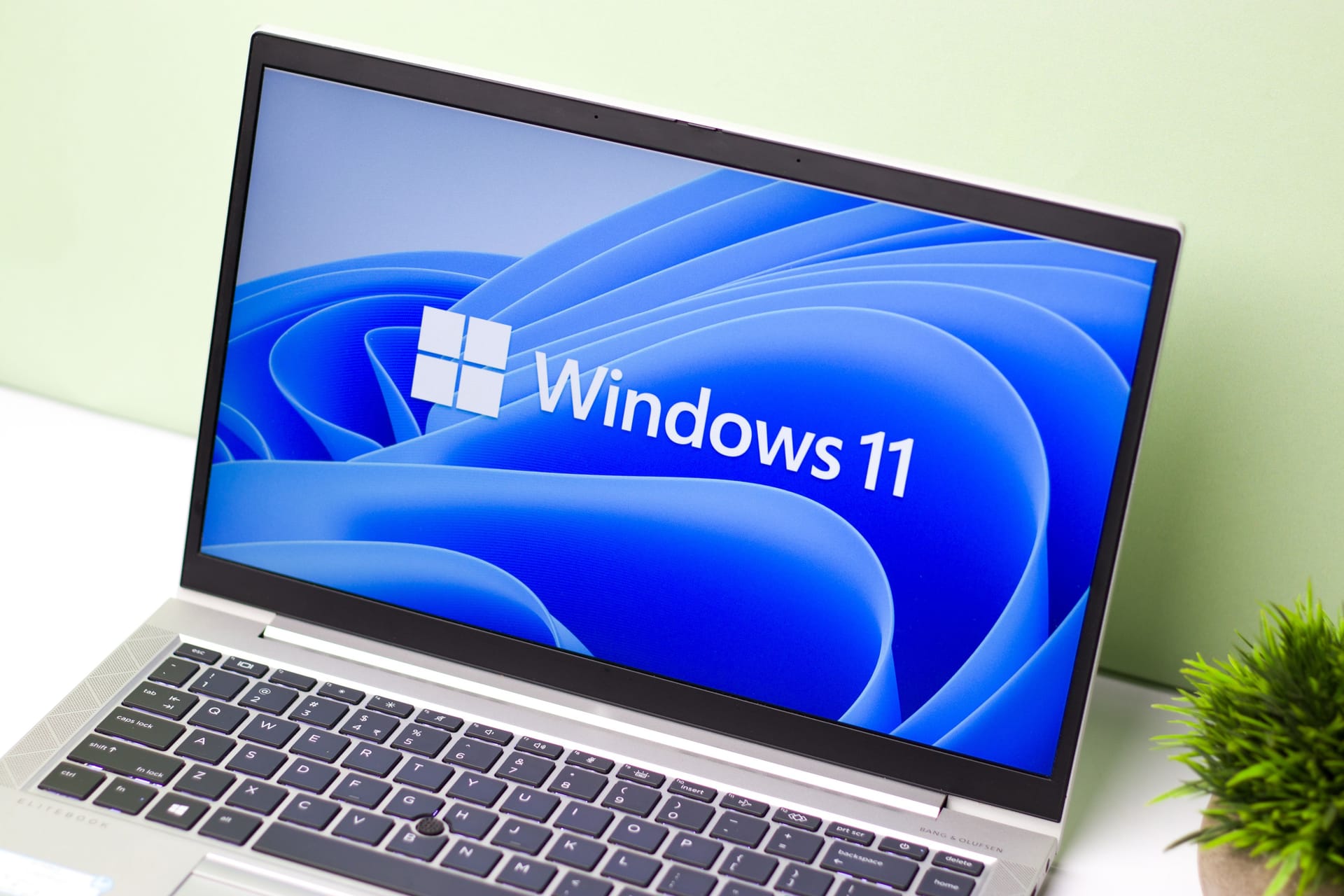 Windows 11 logo on laptop screen stock image.