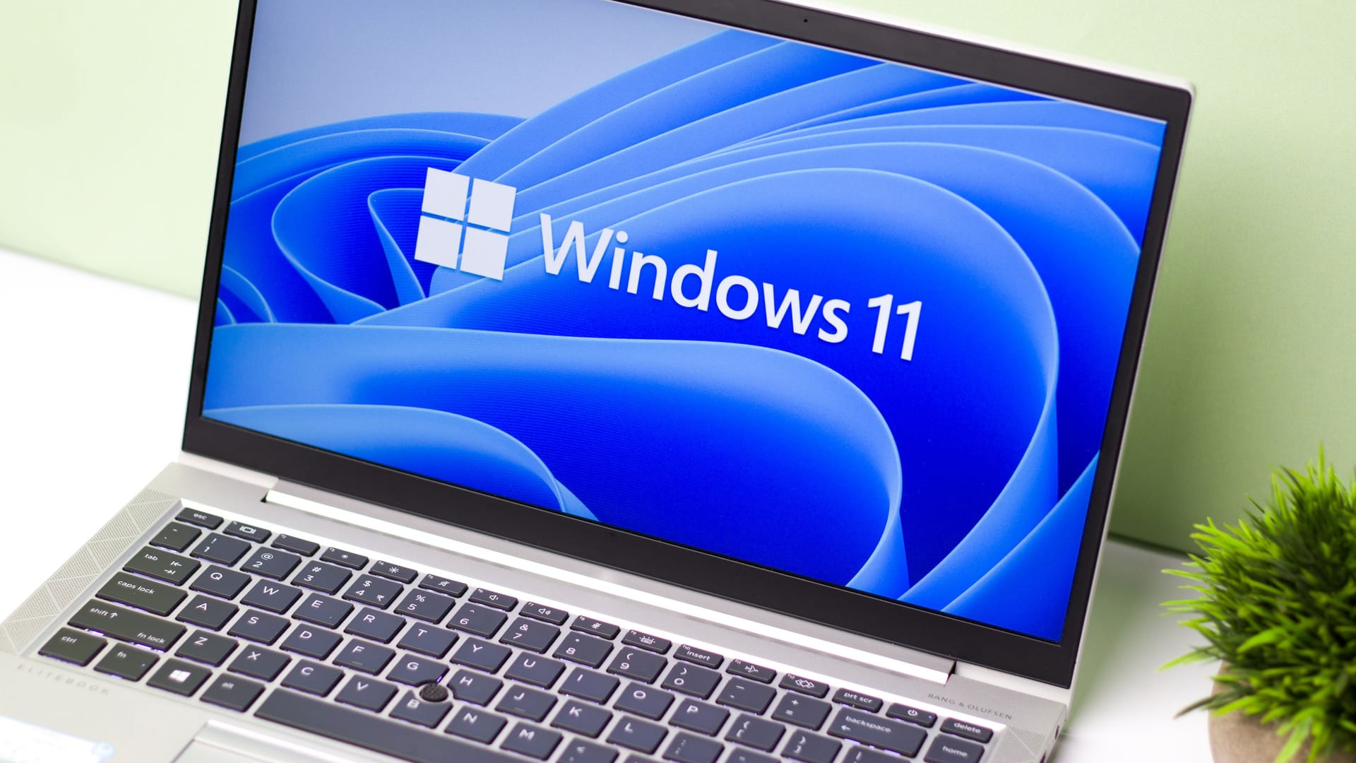 Windows 11 logo on laptop screen stock image.