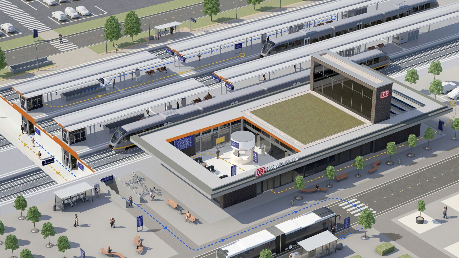Visualisierung eines modernisierten Zukunftsbahnhofs: So stellt sich die Deutsche Bahn die Zukunft des Nah- und Fernverkehrs vor. Visualisierung eines modernisierten Zukunftsbahnhofs: So stellt sich die Deutsche Bahn die Zukunft des Nah- und Fernverkehrs vor.