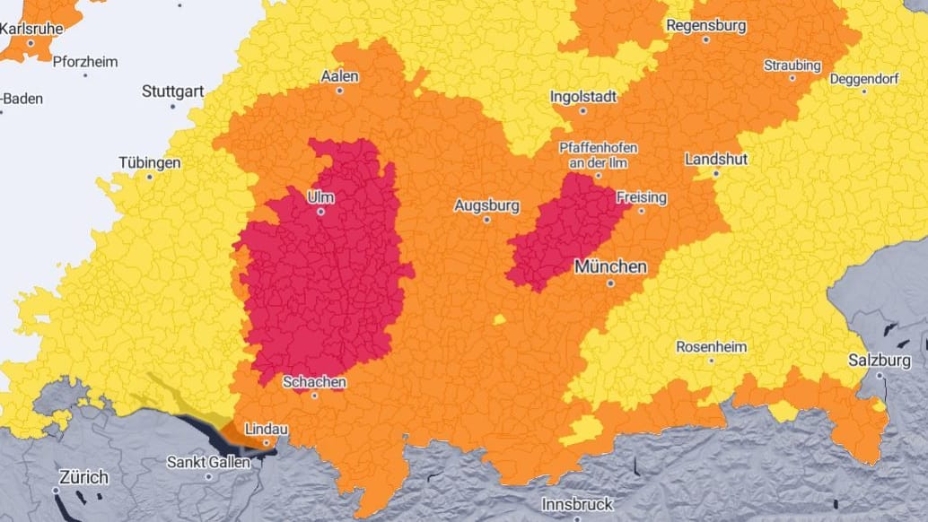 Wetterdienst warnt vor schweren Unwettern: Betroffen sind die roten Bereiche.