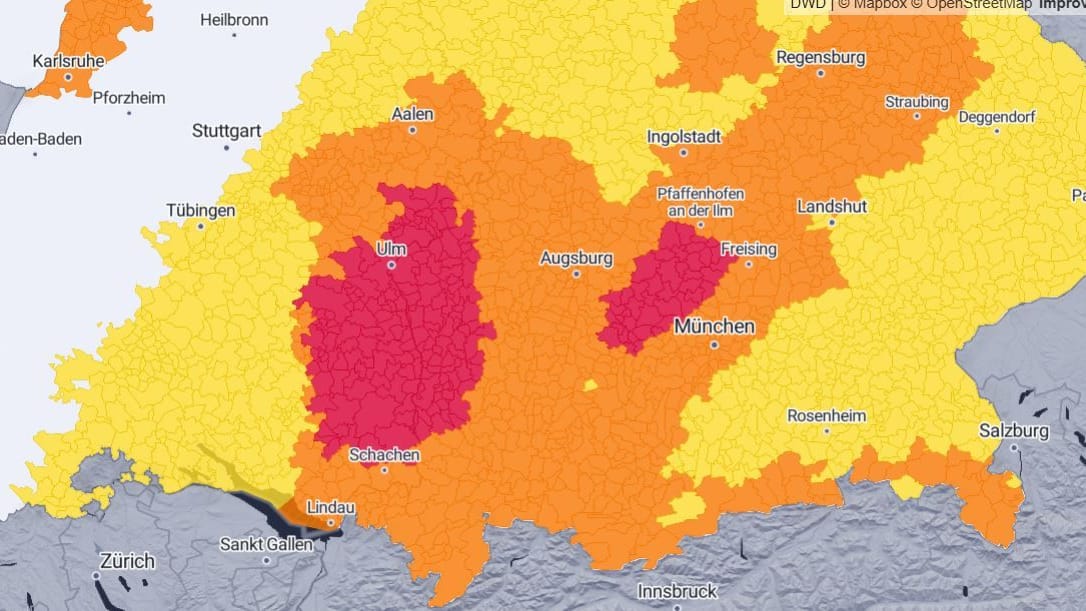 Wetterdienst warnt vor schweren Unwettern: Betroffen sind die roten Bereiche.