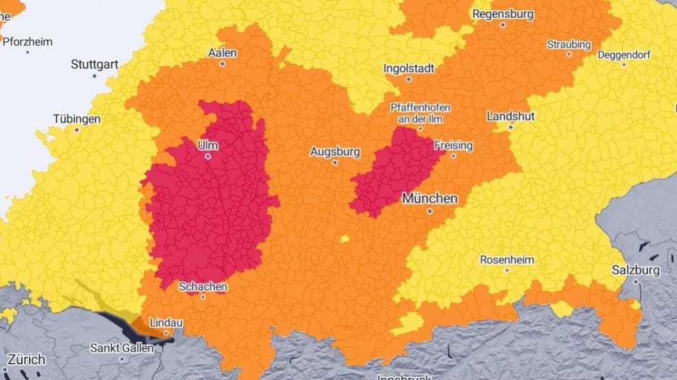 Wetterdienst warnt vor schweren Unwettern: Betroffen sind die roten Bereiche.