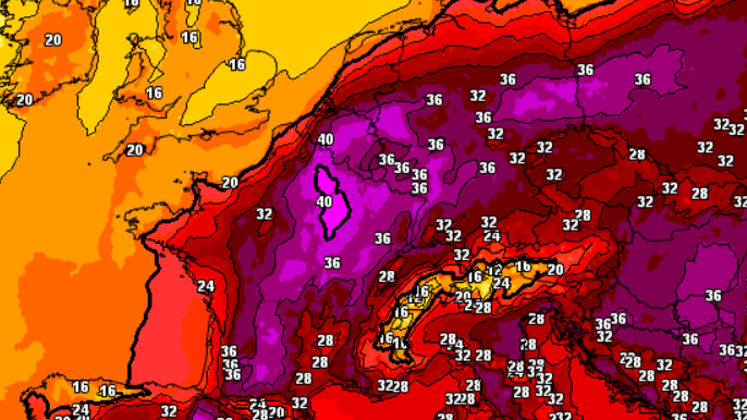Das ICON-Wettermodell für Mittwoch, 17 Uhr: Temperaturen von weit über 30 Grad sind für Deutschland gesetzt. Doch es könnte noch heißer werden.