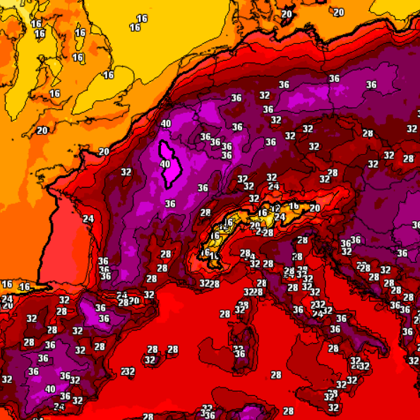 Das ICON-Wettermodell für Mittwoch, 17 Uhr: Temperaturen von weit über 30 Grad sind für Deutschland gesetzt. Doch es könnte noch heißer werden.