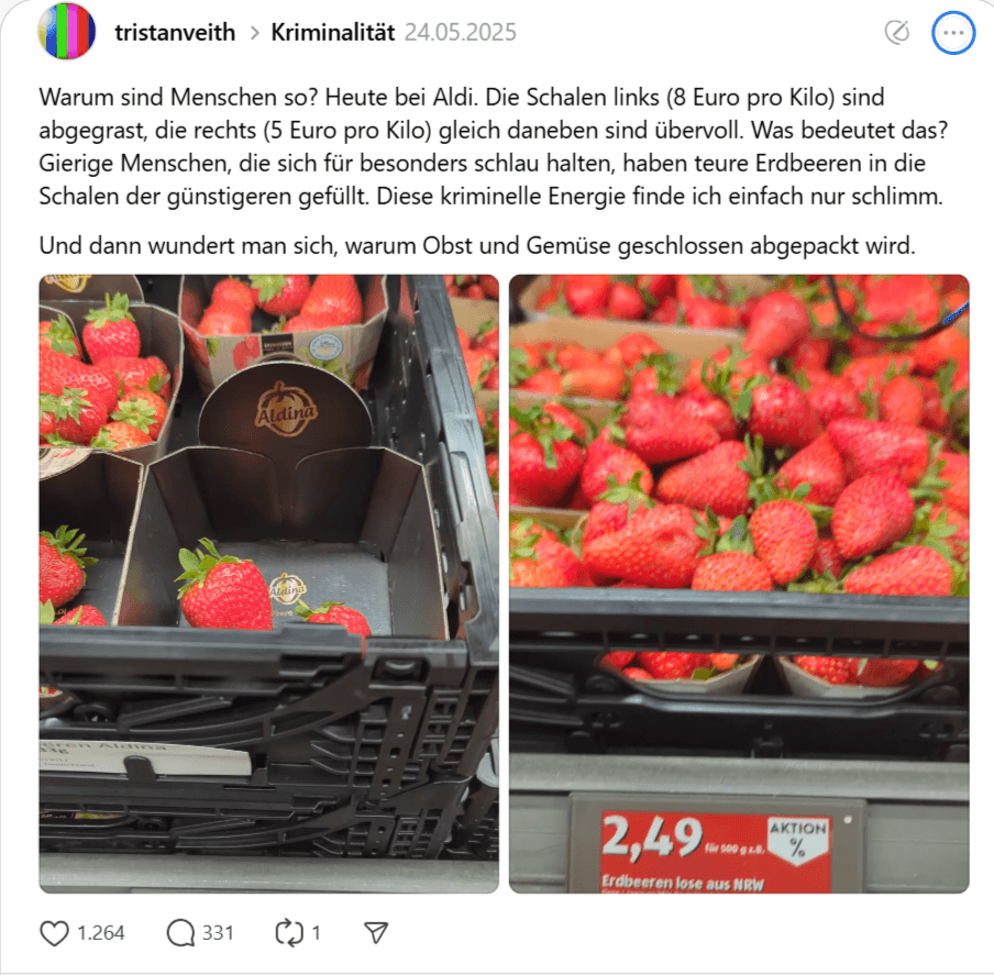 Screenshot aus dem X-Konkurrenten Threads: Ein Nutzer vermutet Ehrenlosigkeit im Erdbeerhandel.