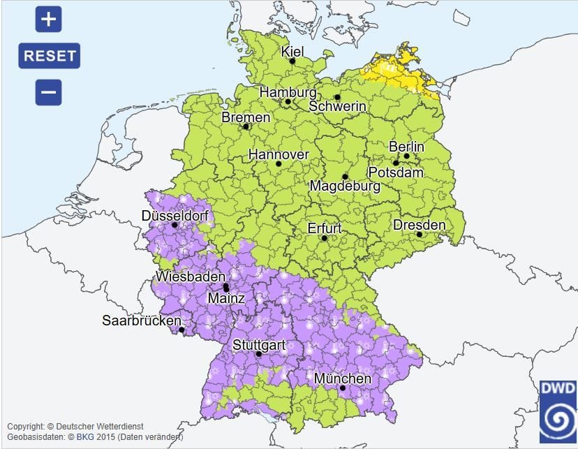 Wetter in Deutschland: Für die in Lila eingefärbten Gebiete gilt am Sonntag eine Hitzewarnung.