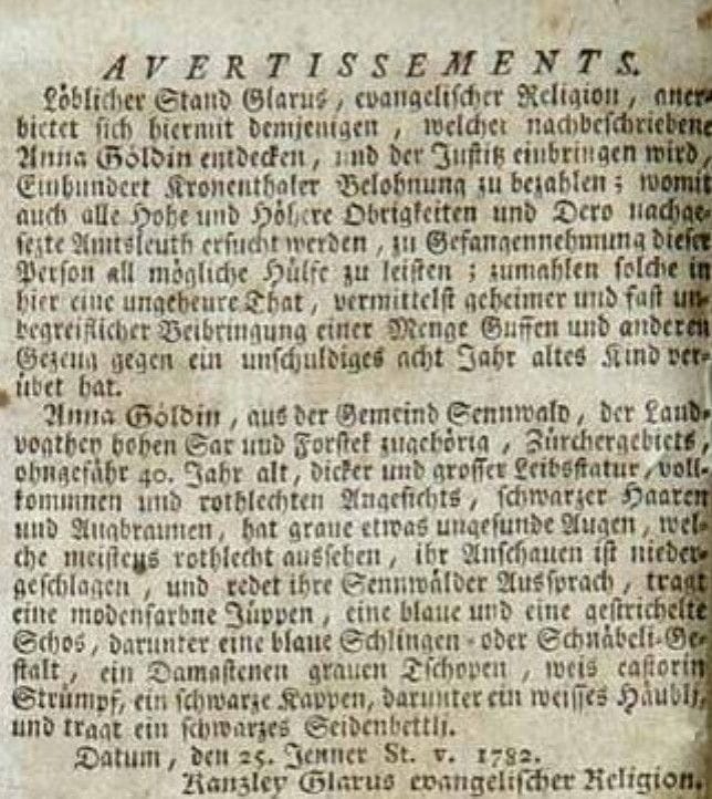 Steckbrief zur Suche nach Anna Göldi, Zürcher Zeitung vom 9. Februar 1782
