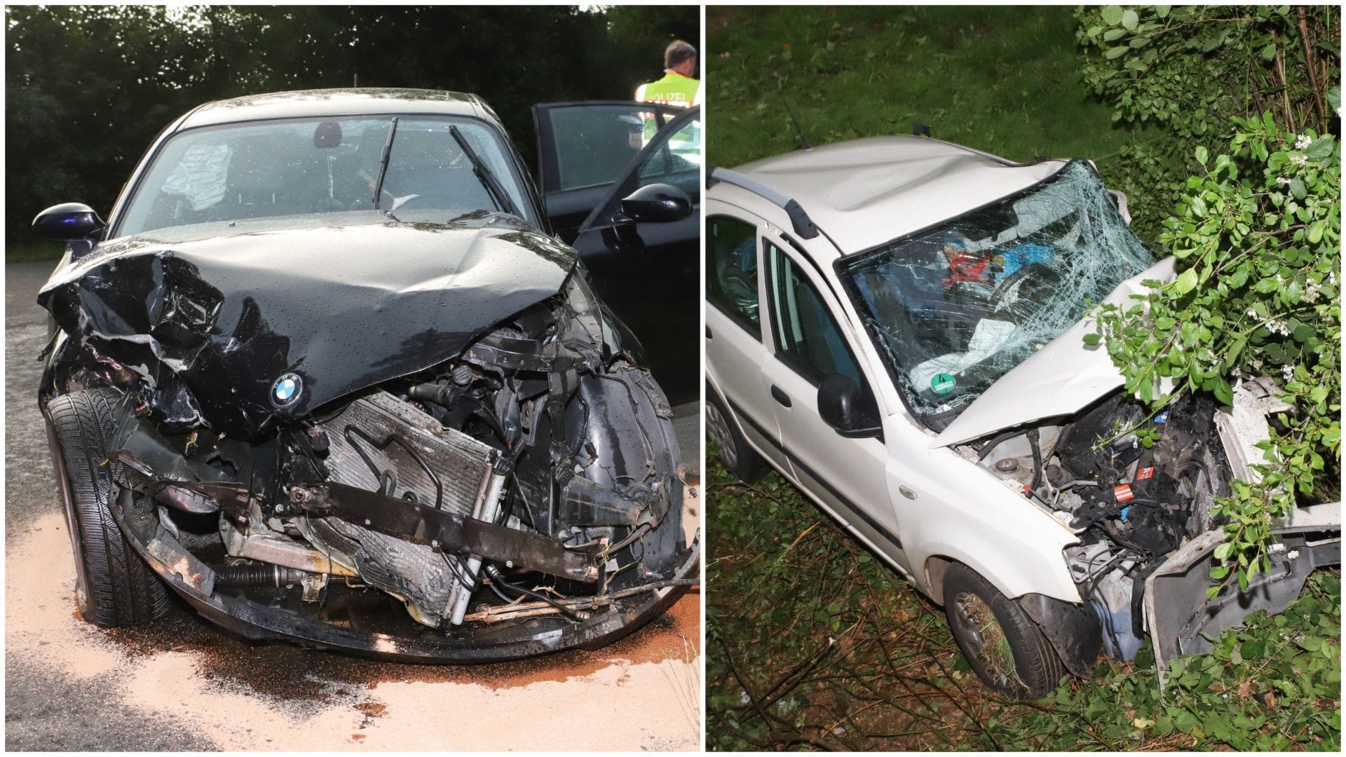 Trümmer nach Frontalcrash: Der schwarze BMW (links) und der weiße Fiat Panda wurden bei dem Unfall schwer beschädigt.