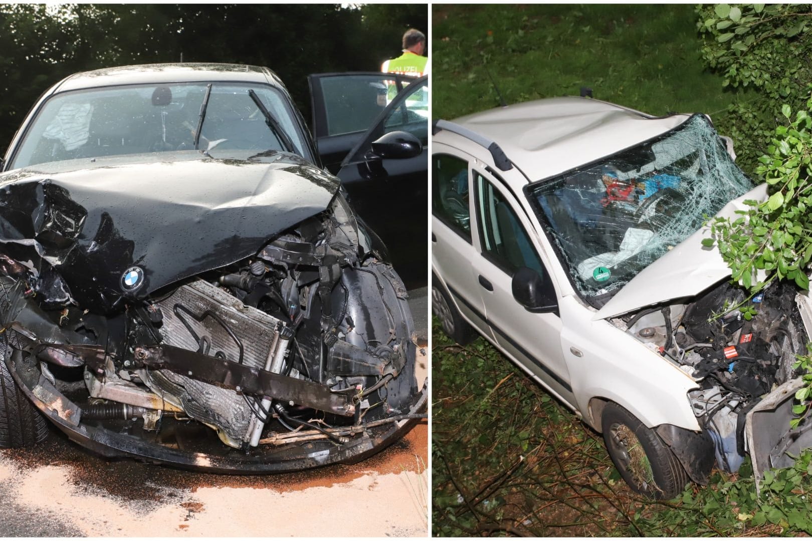 Trümmer nach Frontalcrash: Der schwarze BMW (links) und der weiße Fiat Panda wurden bei dem Unfall schwer beschädigt.