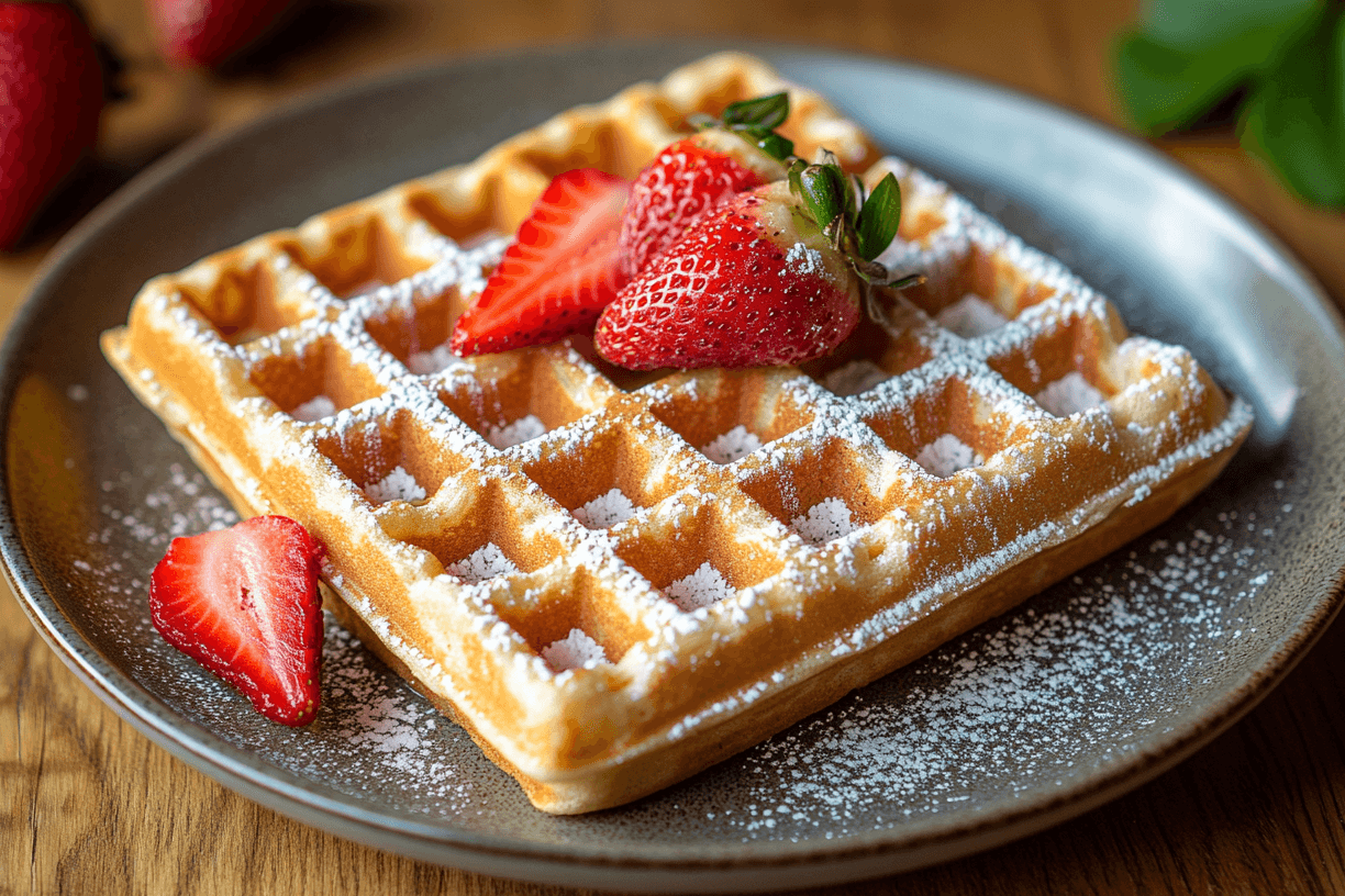Waffeln mit Puderzucker bestreut (KI-Symbolbild): Dazu passen frische Erdbeeren.