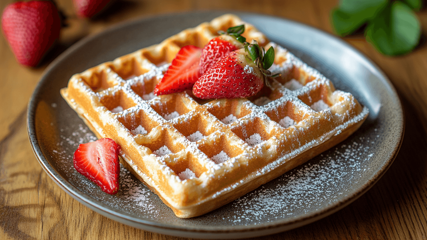 Waffeln mit Puderzucker bestreut (KI-Symbolbild): Dazu passen frische Erdbeeren.