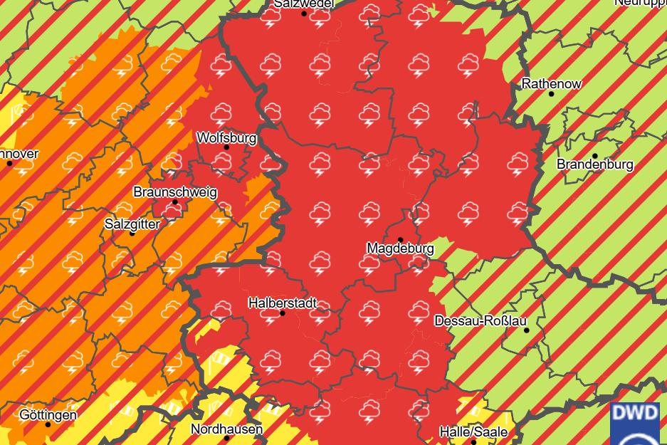 Die Gefahrenkarte des DWD (Stand 16.20 Uhr): Heftige Unwetter suchen Teile Deutschlands heim.