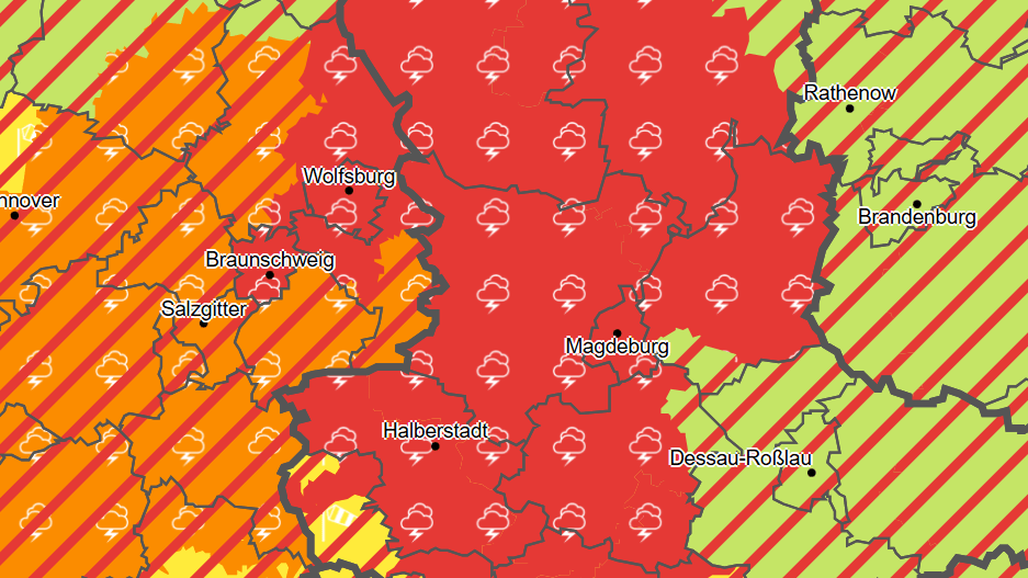 Die Gefahrenkarte des DWD (Stand 16.20 Uhr): Heftige Unwetter suchen Teile Deutschlands heim.