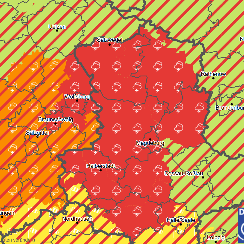 Die Gefahrenkarte des DWD (Stand 16.20 Uhr): Heftige Unwetter suchen Teile Deutschlands heim.