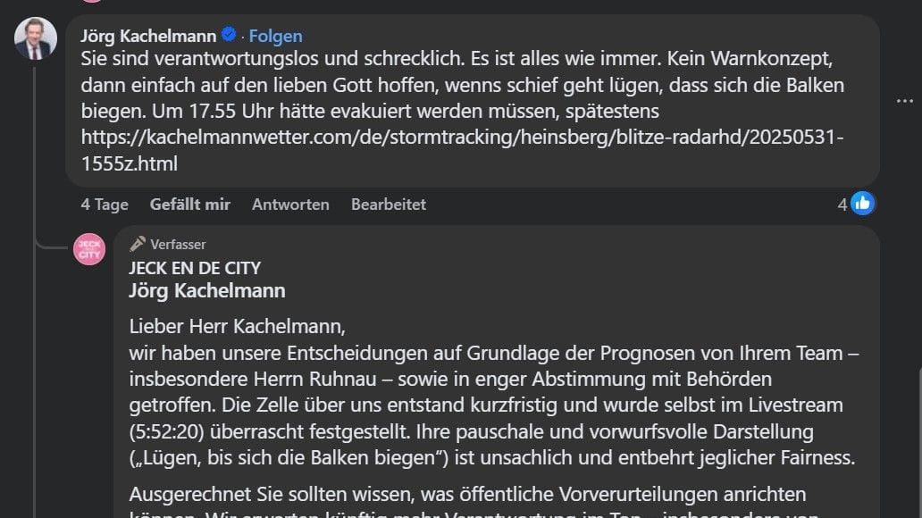 Jörg Kachelmann richtet sich auf der öffentlichen Facebookseite an die Veranstalter: Ein Gespräch zwischen beiden Parteien kam aber nie zustande.