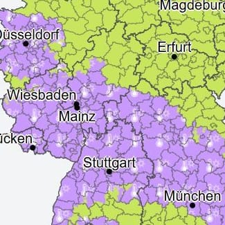 Wetter in Deutschland: Für die in Lila eingefärbten Gebiete gilt am Sonntag eine Warnung vor Hitze.