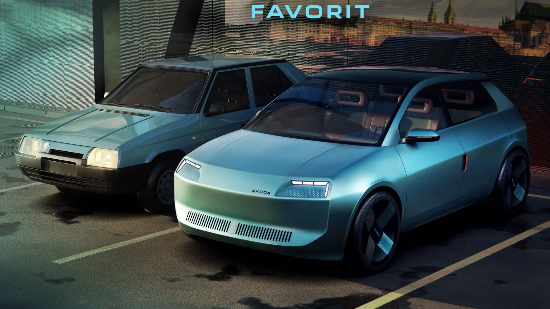 Alt und neu: Skoda hat sich Gedanken darum gemacht, wie eine elektrische Neuauflage des Kleinwagenmodells Favorit (links) aussehen könnte.