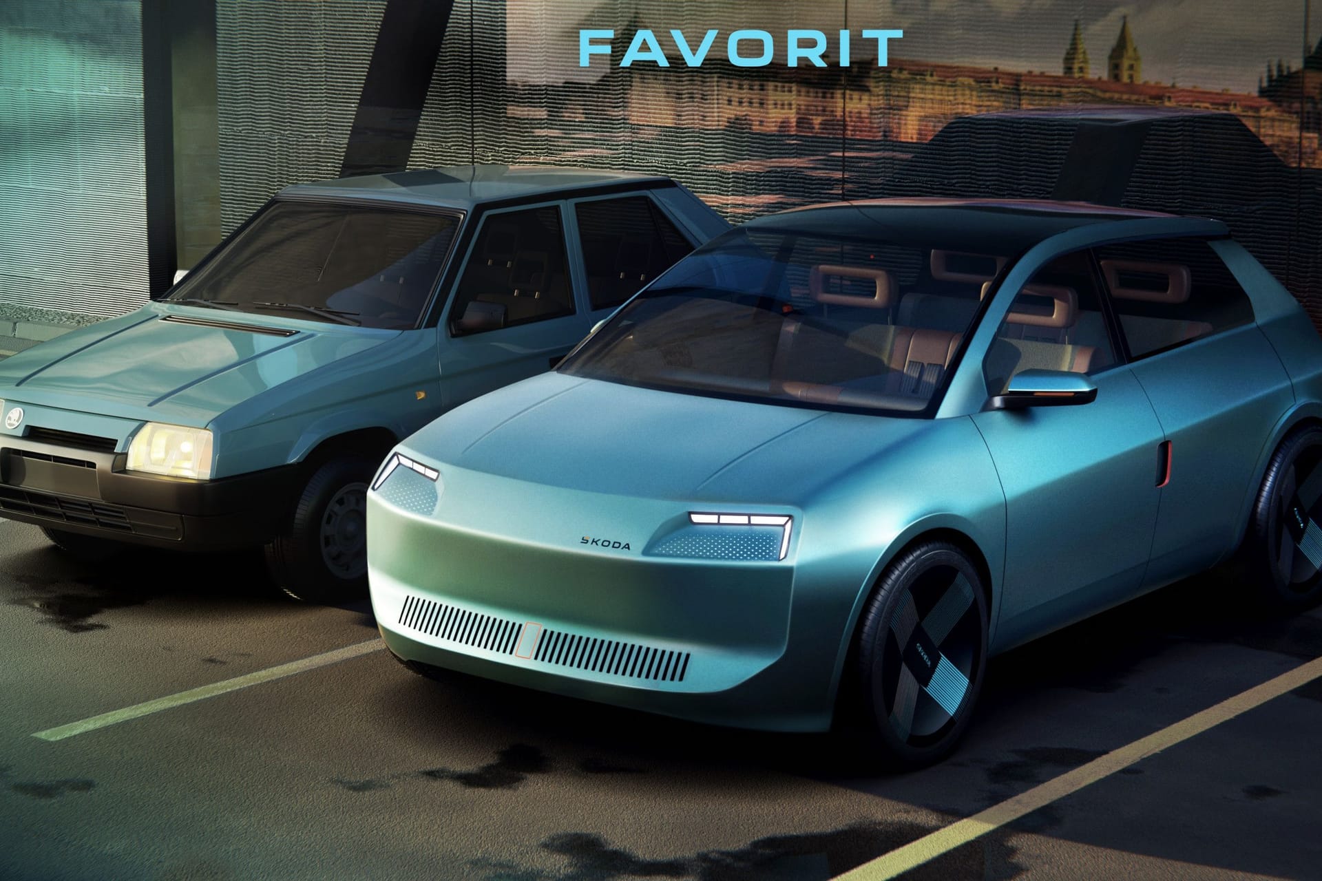 Alt und neu: Skoda hat sich Gedanken darum gemacht, wie eine elektrische Neuauflage des Kleinwagenmodells Favorit (links) aussehen könnte.