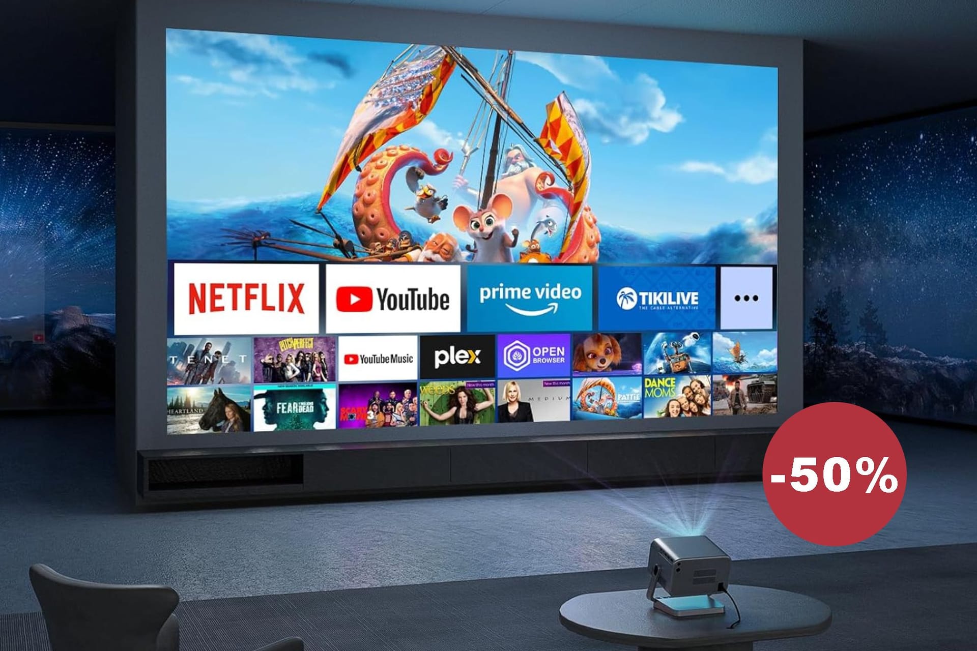 Der Beamer bringt Netflix, Dolby Audio und scharfe Bilder direkt in Ihr Wohnzimmer, ganz ohne zusätzliche Geräte.