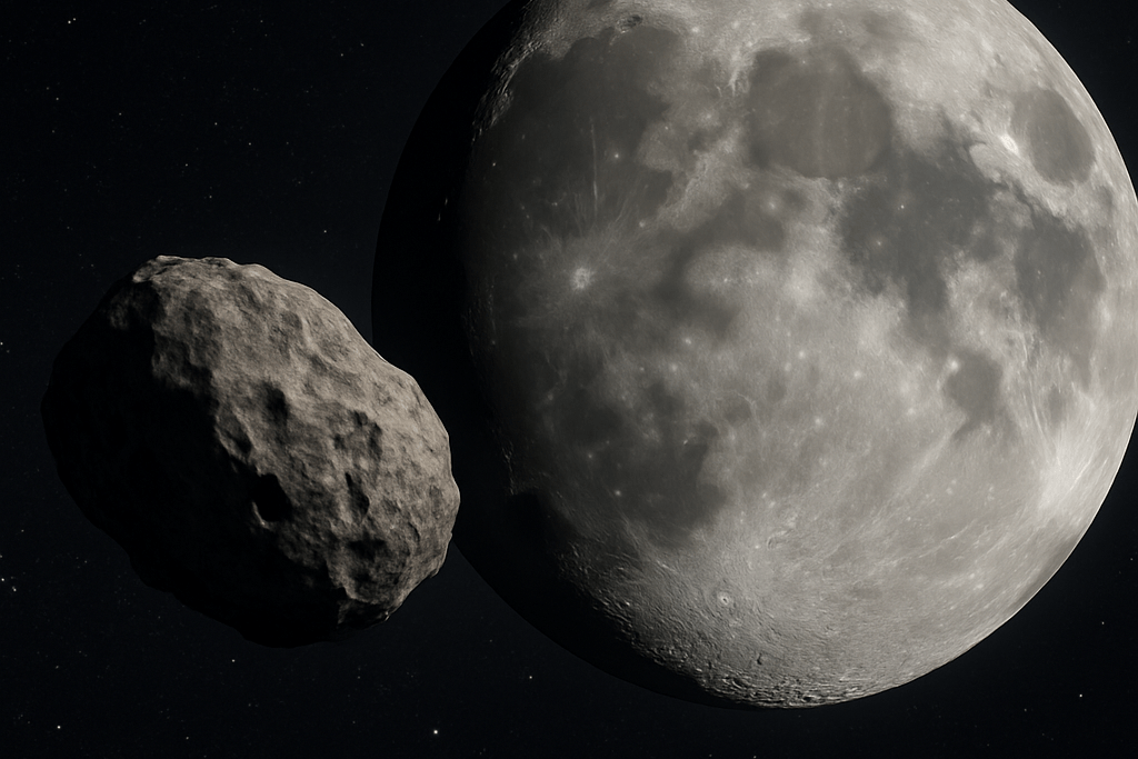 Ein Asteroid fliegt auf den Mond zu (KI-generiertes Bild).