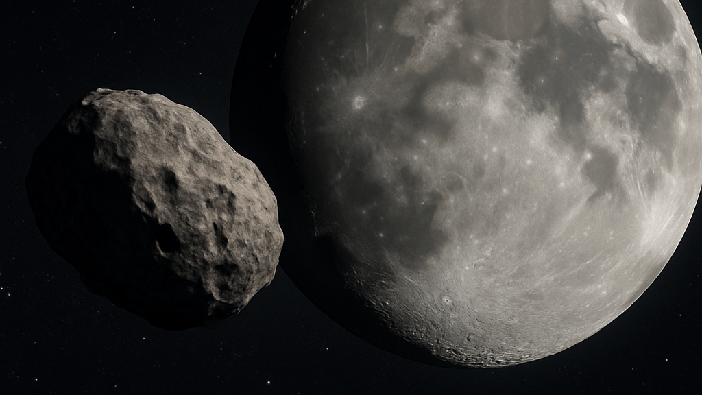 Ein Asteroid fliegt auf den Mond zu (KI-generiertes Bild).