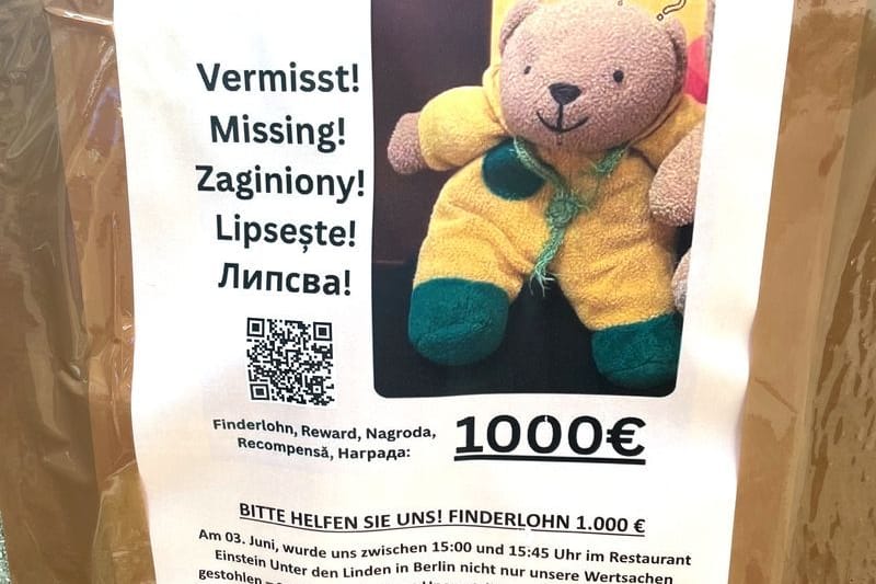 Ein Plakat zu einer Suchaktion hängt an der Ahornallee in Berlin-Charlottenburg. In Berlin läuft derzeit eine breit angelegte Suchaktion nach dem Teddybären "Mini". Ein Plakat zu einer Suchaktion hängt an der Ahornallee in Berlin-Charlottenburg. In Berlin läuft derzeit eine breit angelegte Suchaktion nach dem Teddybären "Mini".