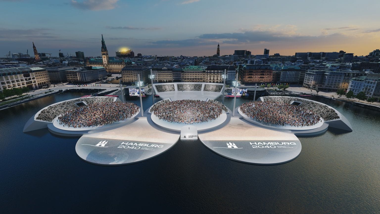 Hamburgs Vision für Olympia 2040: Eine schwimmende Arena auf der Binnenalster soll zur Bühne der Eröffnungsfeier werden.