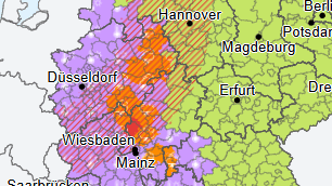 Wetterwarnkarte für Deutschland: Gefährliche Gewitterfront zieht über den Südwesten des Landes (in Rot und Orange). In Lila sind Gebiete gekennzeichnet, für die eine Hitzewarnung gilt.