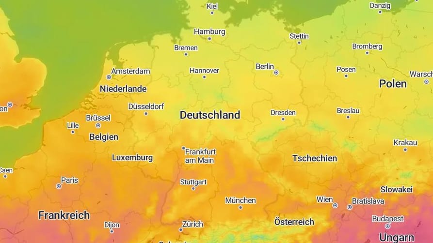 Eine Wetterkarte zeigt Deutschland in sommerlichen Farben: Hochdruckgebiet "Zora" sorgt für angenehme Temperaturen.