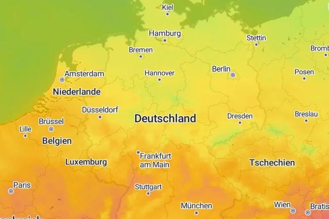 Eine Wetterkarte zeigt Deutschland in sommerlichen Farben: Hochdruckgebiet "Zora" sorgt für angenehme Temperaturen.