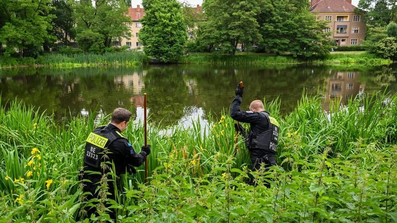 Polizeibeamte suchen das Ufer des Breitkopfbeckens in Reinickendorf mit langen Stangen und Metalldetektoren ab. Gesucht wird nach Gegenständen, die mit dem Mord an einem 50-jährigen Mann in Zusammenhang stehen können. Polizeibeamte suchen das Ufer des Breitkopfbeckens in Reinickendorf mit langen Stangen und Metalldetektoren ab. Gesucht wird nach Gegenständen, die mit dem Mord an einem 50-jährigen Mann in Zusammenhang stehen können.