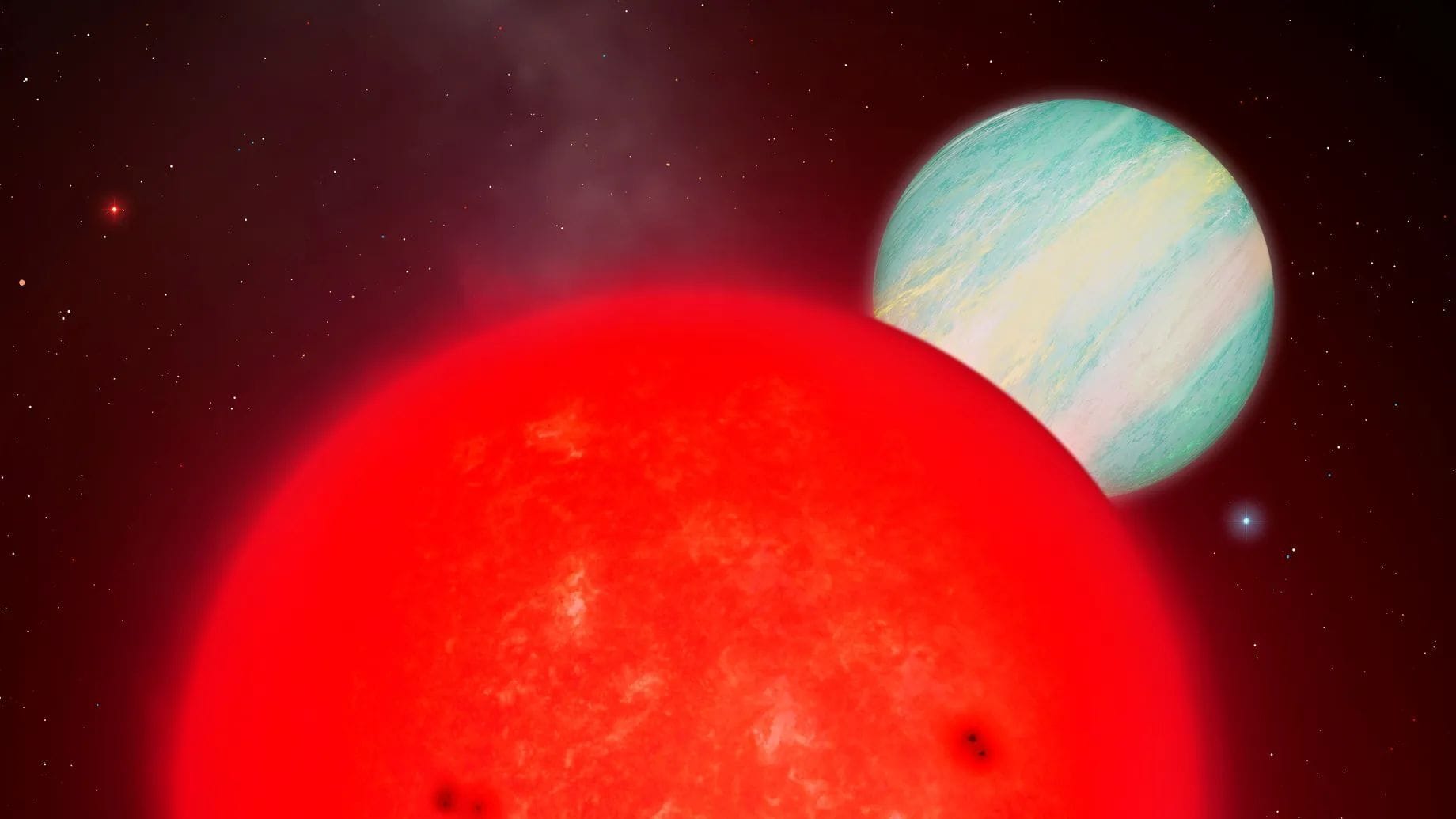 Illustration des neu entdeckten Riesenplaneten TOI-6894 b (oben rechts), der einen roten Zwergstern umkreist.
