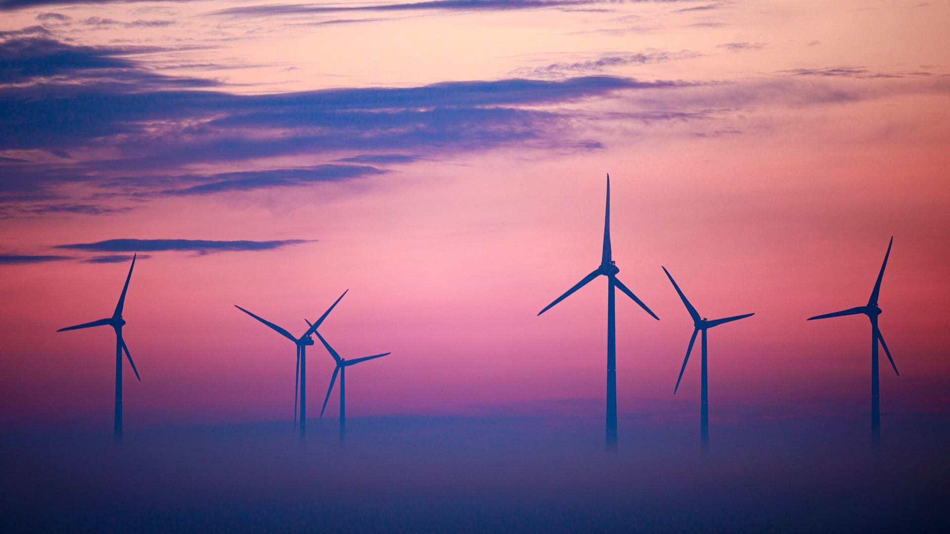 Windräder im Nebel bei Sonnenaufgang: Symbol für den notwendigen schnellen Ausbau erneuerbarer Energien.