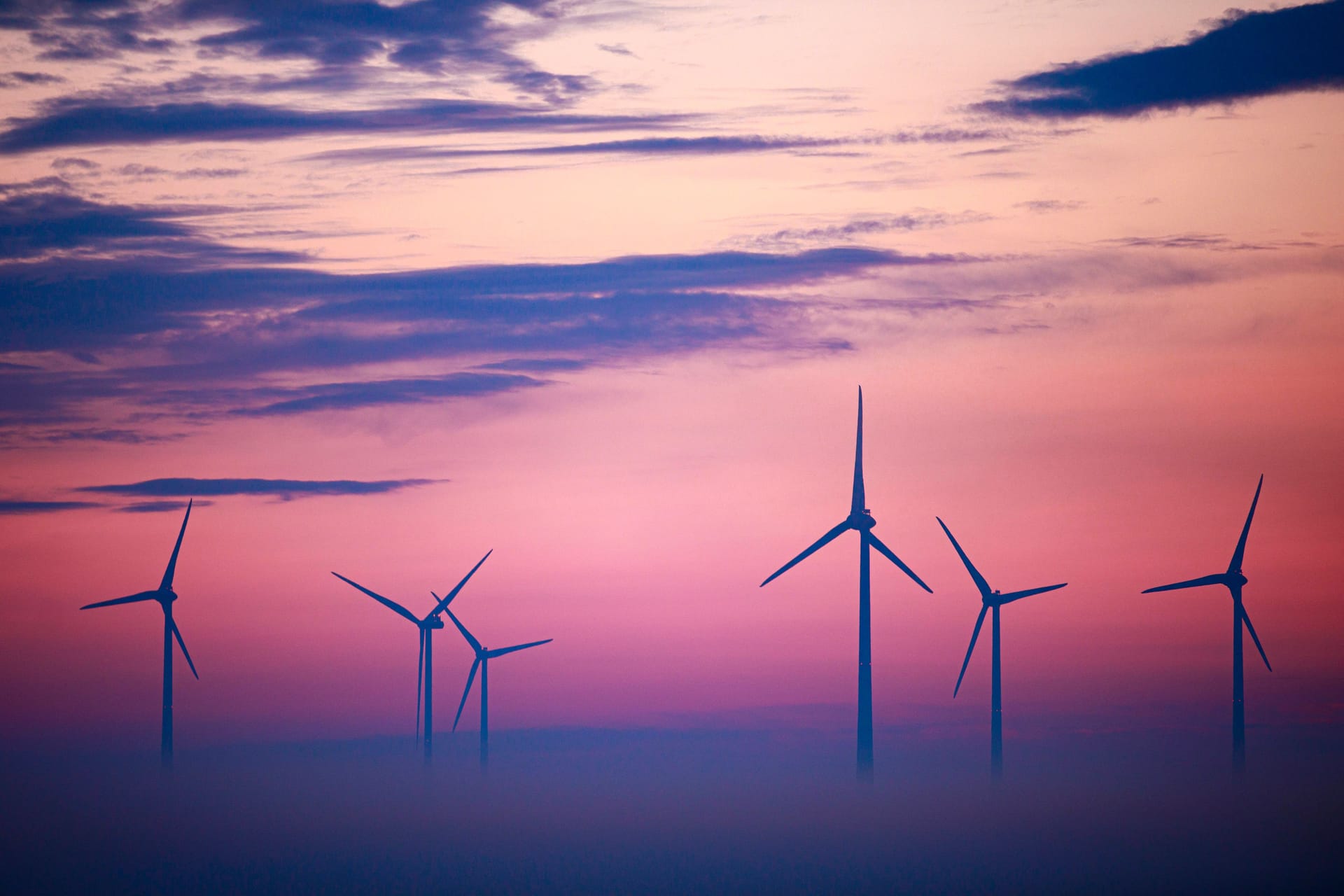 Windräder im Nebel bei Sonnenaufgang: Symbol für den notwendigen schnellen Ausbau erneuerbarer Energien.